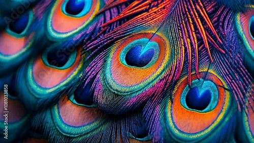 Close-up of luminous peacock feathers displaying vibrant colors and intricate patterns. Wallpaper High-resolution, Luxury and nature concept.