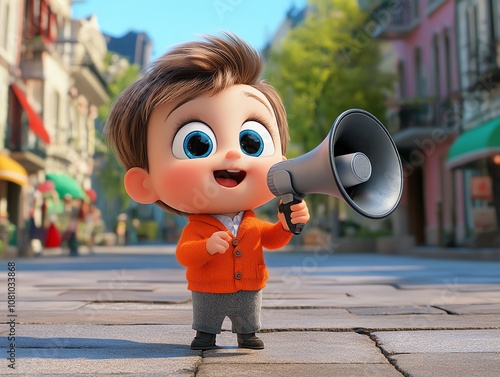 A cute cartoon boy with big eyes is standing on a city street holding a megaphone and smiling.