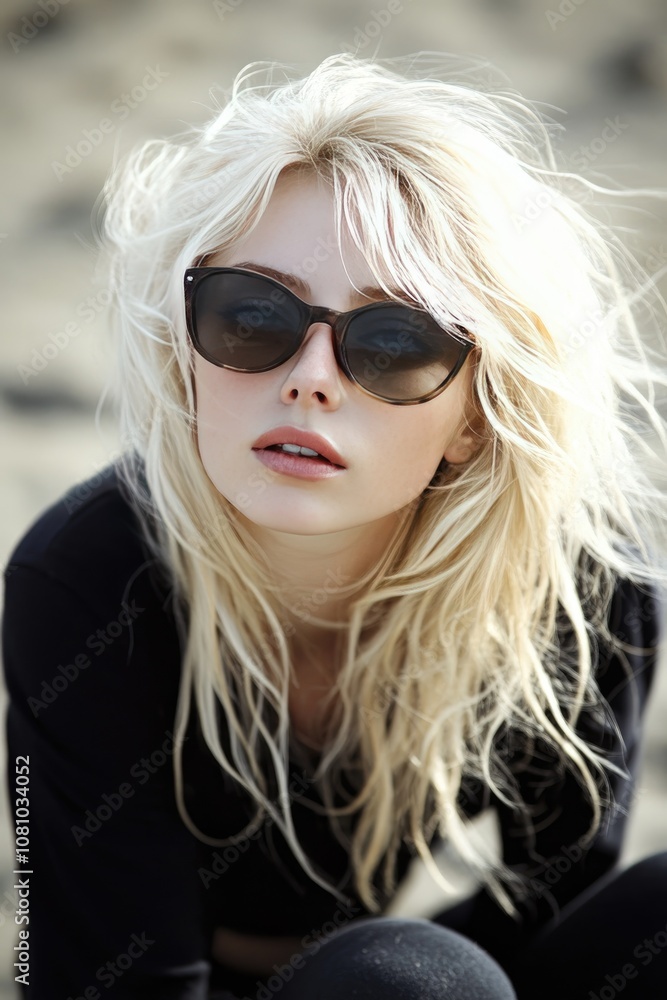 Stylish Woman with Blonde Hair and Sunglasses at the Beach Stylish Woman with Blonde Hair and Sunglasses at the Beach