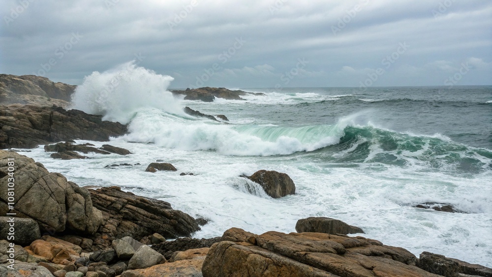 Ocean waves crashing against rocky shores, natural light, intense movement, rocky coastline, powerful oceanic force, rugged landscape Ocean waves crashing against rocky shores, natural light, intense movement, rocky coastline, powerful oceanic force, rugged landscape