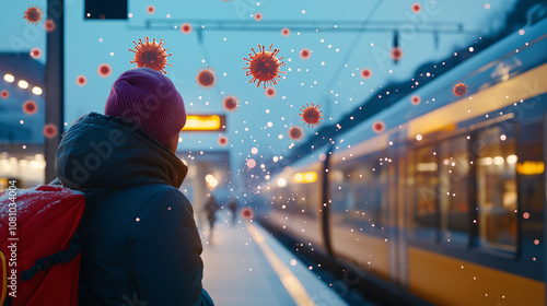 Train Station Pandemic Social Distancing Health and Safety Winter Travel Cold and Flu Virus Season Highlighting Health and Illness Concepts photo