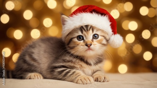 A red little kitten in a Santa hat against a background of golden bokeh and Christmas lights. Christmas cat