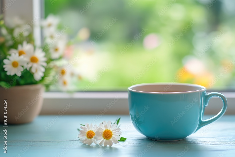 Serene Morning: Blue Mug and Daisies by Sunny Window Serene Morning: Blue Mug and Daisies by Sunny Window
