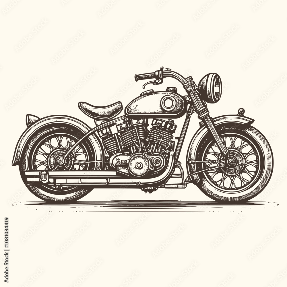 Fototapeta premium Classic Vintage Motorcycle Vector Illustration in Detailed Engraving Style with Retro Aesthetic