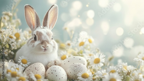 Cute rabbit among daisies and Easter eggs, soft lighting