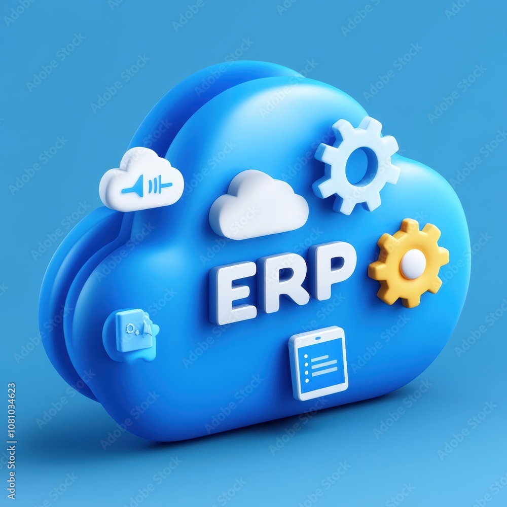 Obraz premium 3D blue cloud with ERP text and various icons, including gears and documents, on a blue background