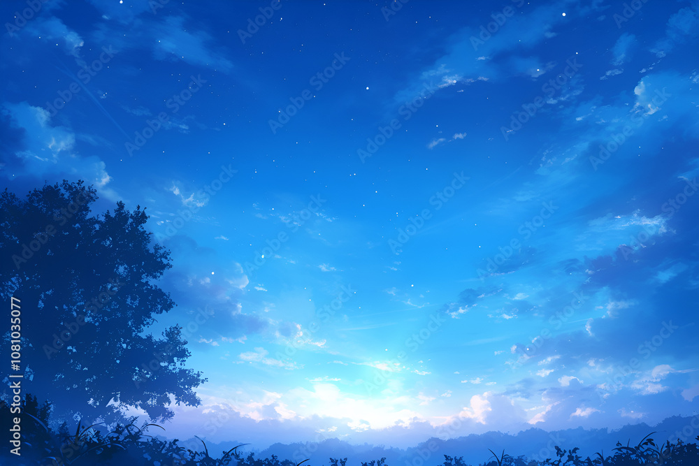 Fototapeta premium Blue Sky with White Clouds and Stars Illustration