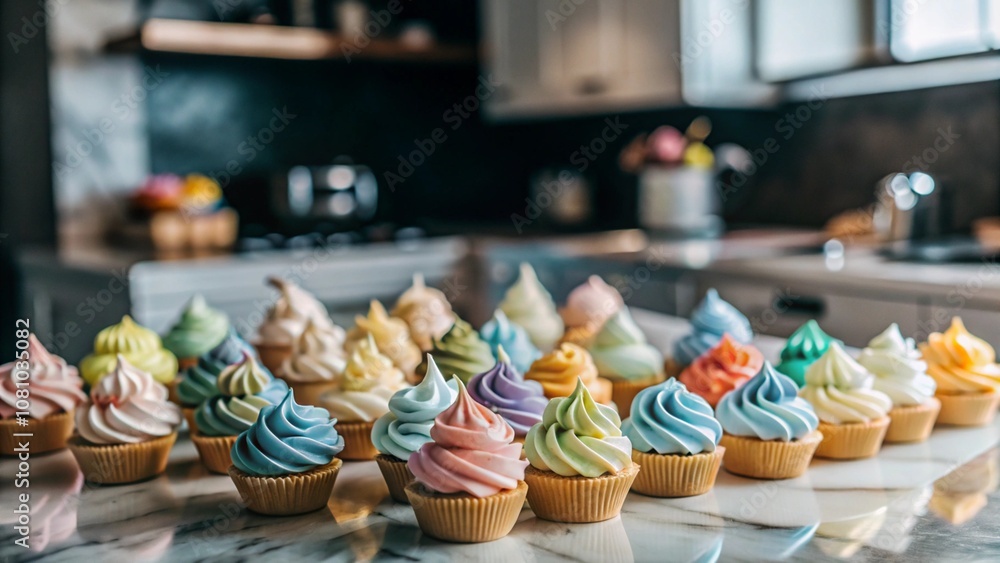 An Array of Pastel-Colored Icing and Frosting Toppings on White Marble Counters, Set Against a Bright, Blurry Contemporary Kitchen Background – Perfect for Baking, Dessert, and Culinary Art Themes. An Array of Pastel-Colored Icing and Frosting Toppings on White Marble Counters, Set Against a Bright, Blurry Contemporary Kitchen Background – Perfect for Baking, Dessert, and Culinary Art Themes.