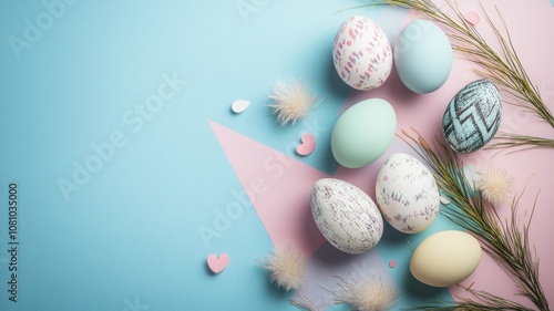 Colorful decorated Easter eggs with feathers and grass on pastel background