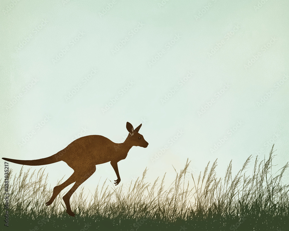Minimalistic Kangaroo Silhouette: Hopping Brown on Dusty Green Minimalistic Kangaroo Silhouette: Hopping Brown on Dusty Green