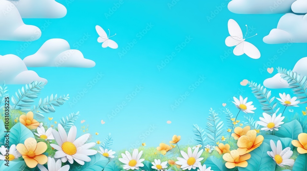 Whimsical Spring Flowers and Butterflies Against a Clear Blue Sky Whimsical Spring Flowers and Butterflies Against a Clear Blue Sky