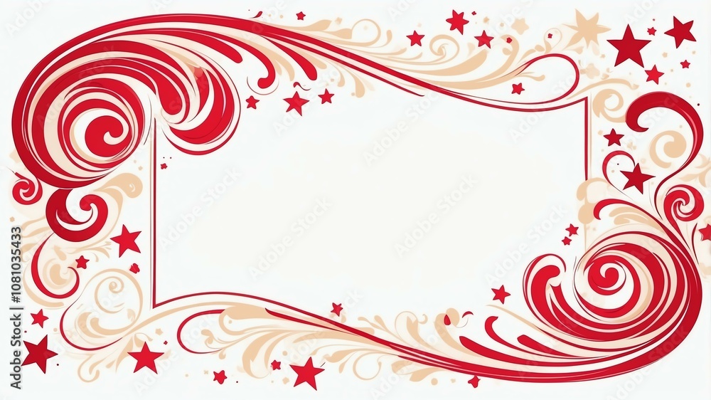 Cute scarlet and cream swirls with stars border frame on white background Cute scarlet and cream swirls with stars border frame on white background