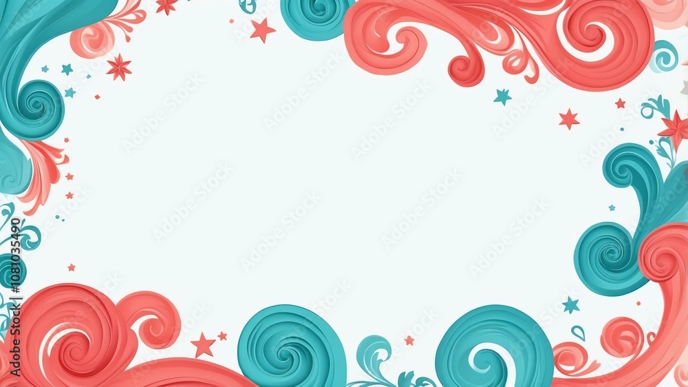 Cute teal and coral swirls with stars border frame on white background Cute teal and coral swirls with stars border frame on white background