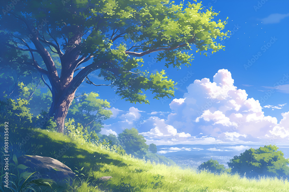 Summer Landscape Illustration with Green Trees and Blue Sky Summer Landscape Illustration with Green Trees and Blue Sky