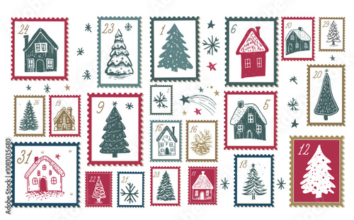 Advent calendar with house and tree on white, hand drawn illustrations.	

