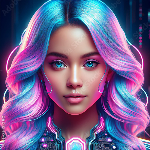 Cyberpunk girl with cyberpunk accessories on her face and colorful pink-blue wavy hair