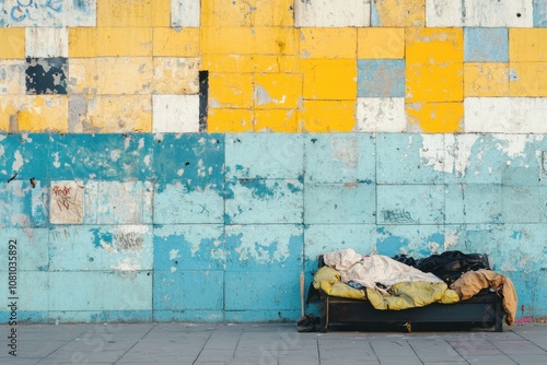 Urban landscape featuring a makeshift bed against a vibrant graffiti wall in a city environment