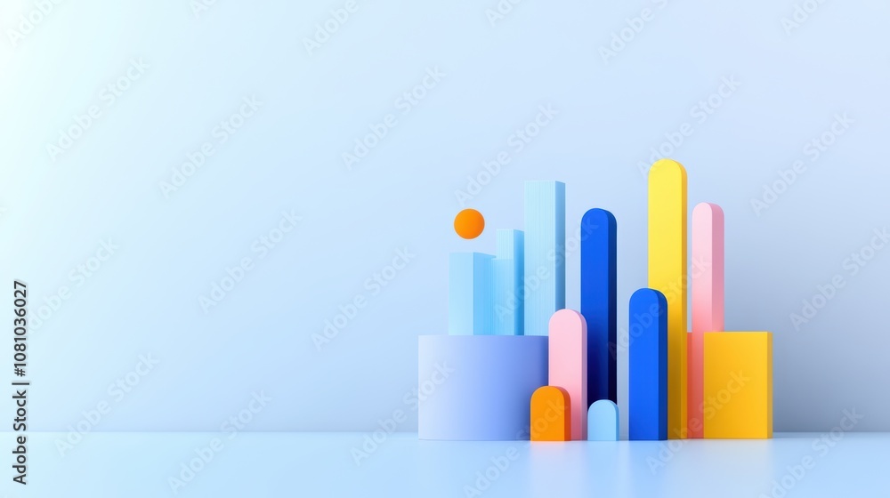 Colorful abstract 3D bar chart on light blue background. Minimalistic illustration for data analytics and business growth concept. Colorful abstract 3D bar chart on light blue background. Minimalistic illustration for data analytics and business growth concept.