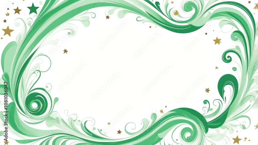 Cute green and white swirls with stars border frame on white background Cute green and white swirls with stars border frame on white background