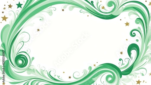 Cute green and white swirls with stars border frame on white background