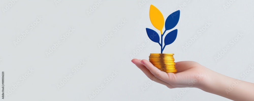 Fototapeta premium Hand holding stack of gold coins with sprouting leaves symbolizing financial growth.