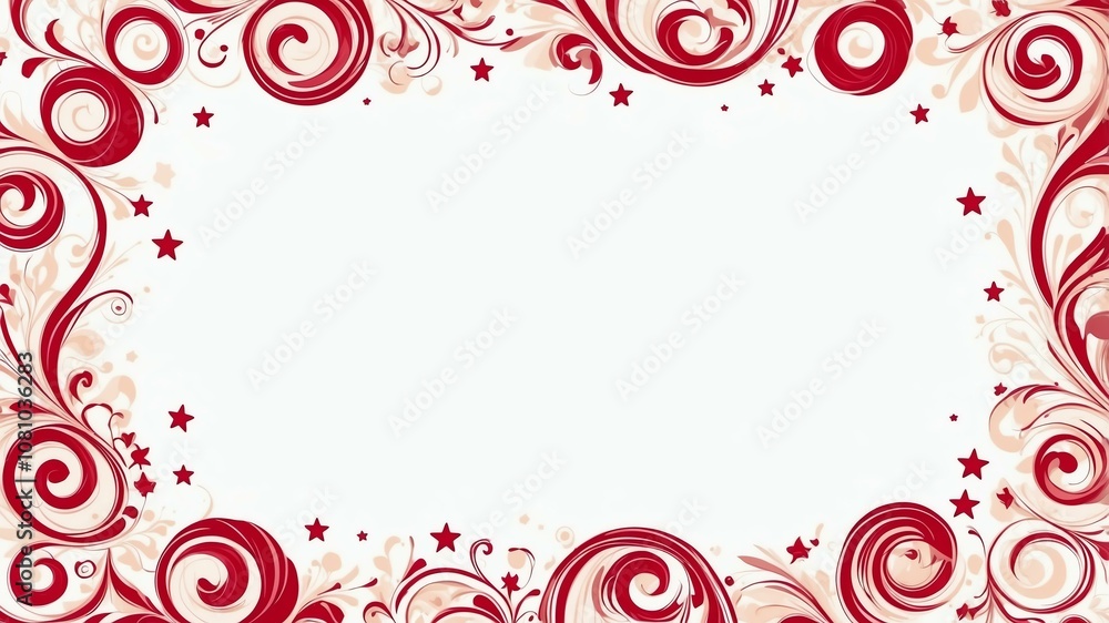 Cute crimson and ivory swirls with stars border frame on white background Cute crimson and ivory swirls with stars border frame on white background