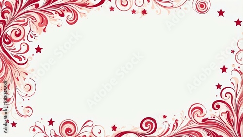 Cute crimson and ivory swirls with stars border frame on white background