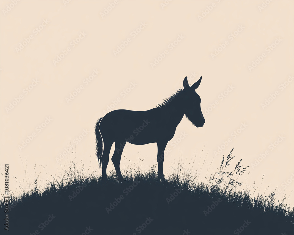 Donkey Standing on a Hill: Clean Grey on Light Brown Silhouette Donkey Standing on a Hill: Clean Grey on Light Brown Silhouette
