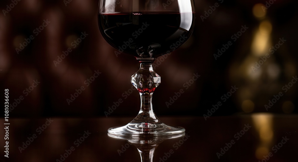 Elegant red wine glass on reflective surface with dark background Elegant red wine glass on reflective surface with dark background