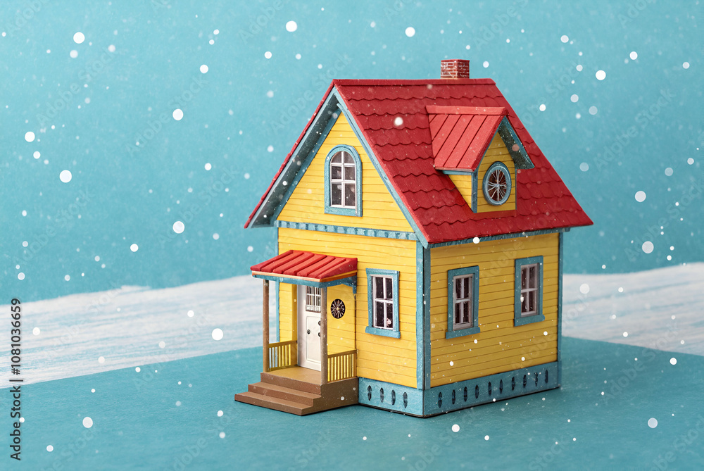 Naklejka premium A colorful toy house set against a blue background, covered in snowflakes, evoking a whimsical, wintery scene.
