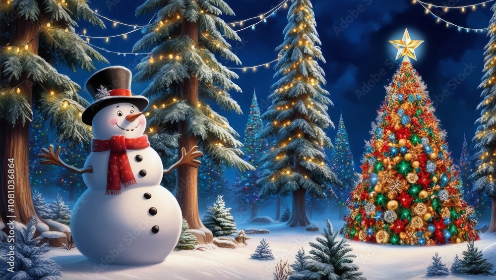 Merry christmas and happy new year greeting card with copy-space.Happy snowman standing in winter christmas landscape.Snow background