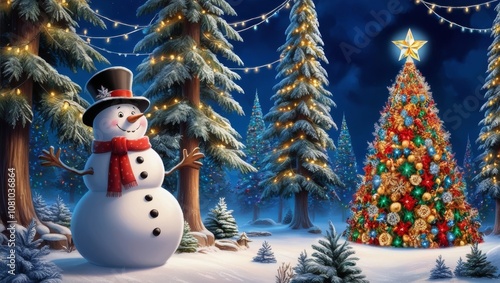 Obraz na płótnie Merry christmas and happy new year greeting card with copy-space.Happy snowman standing in winter christmas landscape.Snow background w salonie