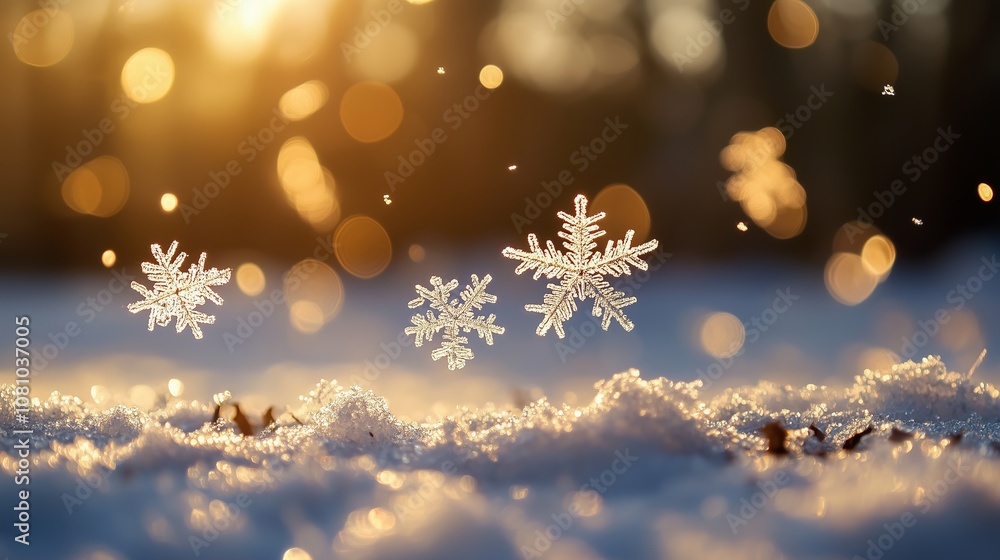 close up of a faling snowflakes float gently through the air, winter air, sunlight, Golden bokeh - Generative AI close up of a faling snowflakes float gently through the air, winter air, sunlight, Golden bokeh - Generative AI