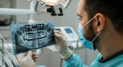Obraz na płótnie Dentist analyzing dental x-ray in modern clinic w salonie