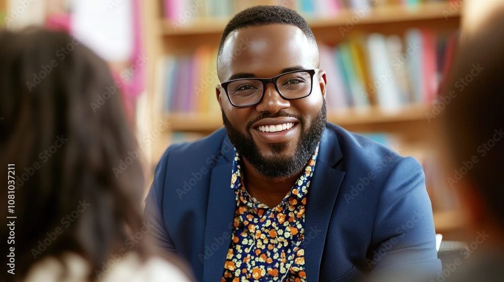 Businessman Smiling in Modern Office Setting Amidst Bookshelves Businessman Smiling in Modern Office Setting Amidst Bookshelves