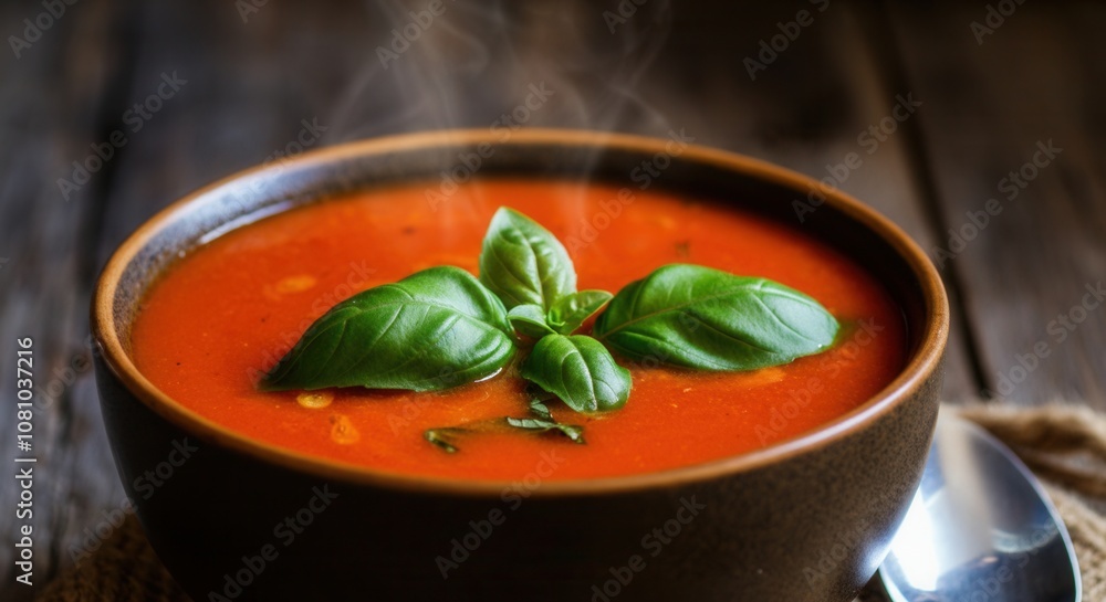 Steaming tomato basil soup in rustic bowl on wooden table Steaming tomato basil soup in rustic bowl on wooden table