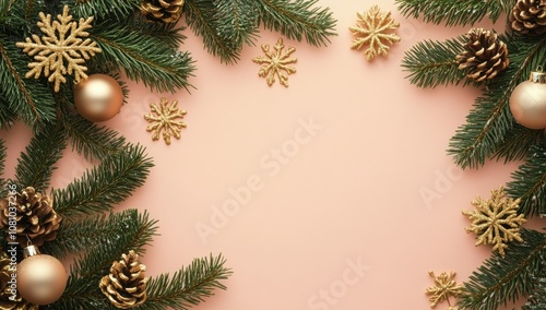 Stylish Christmas background with pine branches, gold snowflakes, and beige ornaments on a light pastel peach-colored background Generative AI