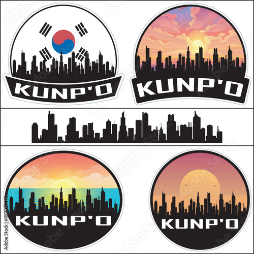 Kunp'O South Korea Flag Skyline Cityscape Silhouette Travel Souvenir Sticker Isolated Vector