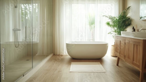 A bright, modern bathroom featuring a sleek freestanding bathtub, soft natural lighting, wood flooring, and lush green plants creating a serene, spa-like atmosphere.