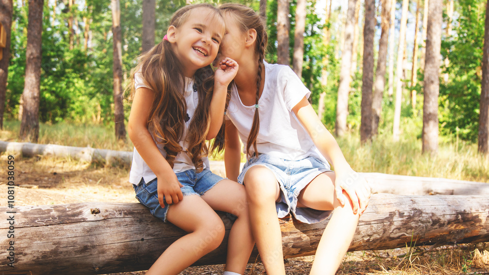 Two children little sisters sit on top of a huge, fallen log indicating the surrounding area, having fun at a summer camp Two children little sisters sit on top of a huge, fallen log indicating the surrounding area, having fun at a summer camp