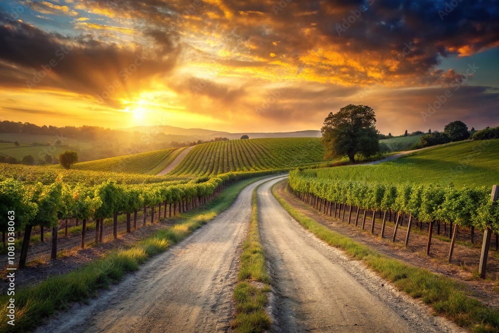 Fototapeta premium A winding dirt road leading to a vineyard at sunset with golden light, golden hour, vineyard entrance, rural landscape