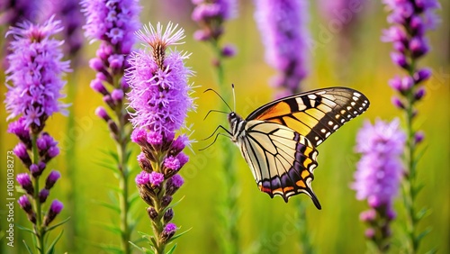 Beautiful prairie blazing star wildflower providing nectar for migrating butterfly photo