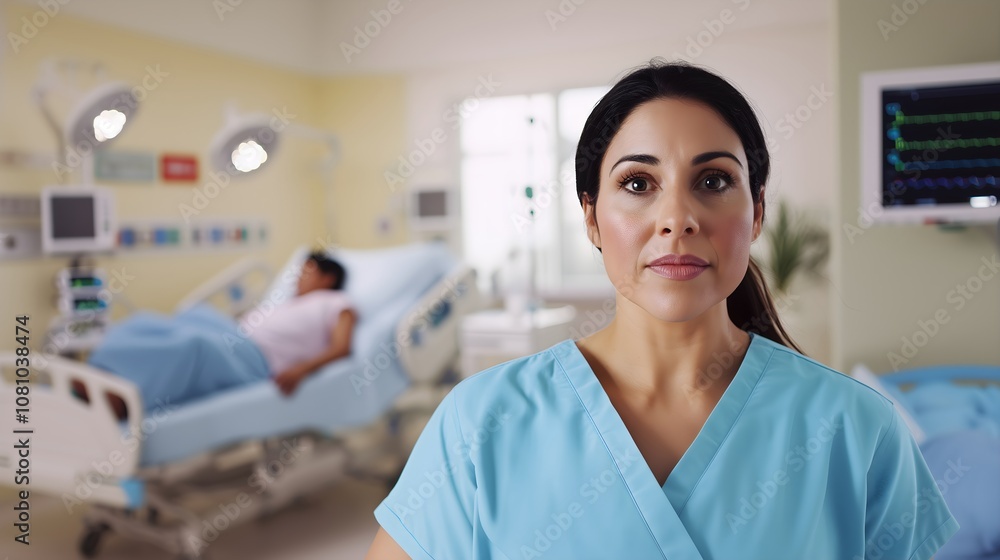 Female nurse in blue scrubs at hospital ward with patient in background, Horizontal banner for healthcare recruitment, medical education, hospital marketing, wellness center promotion, copy space Female nurse in blue scrubs at hospital ward with patient in background, Horizontal banner for healthcare recruitment, medical education, hospital marketing, wellness center promotion, copy space