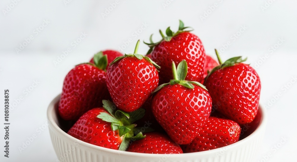 Fresh strawberries in white ceramic bowl on light background Fresh strawberries in white ceramic bowl on light background