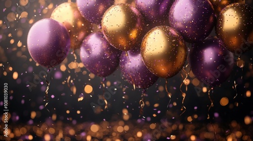 A vibrant display of purple and gold balloons surrounded by shimmering confetti, creating a joyful and celebratory effect. Perfect for parties or celebrations. photo