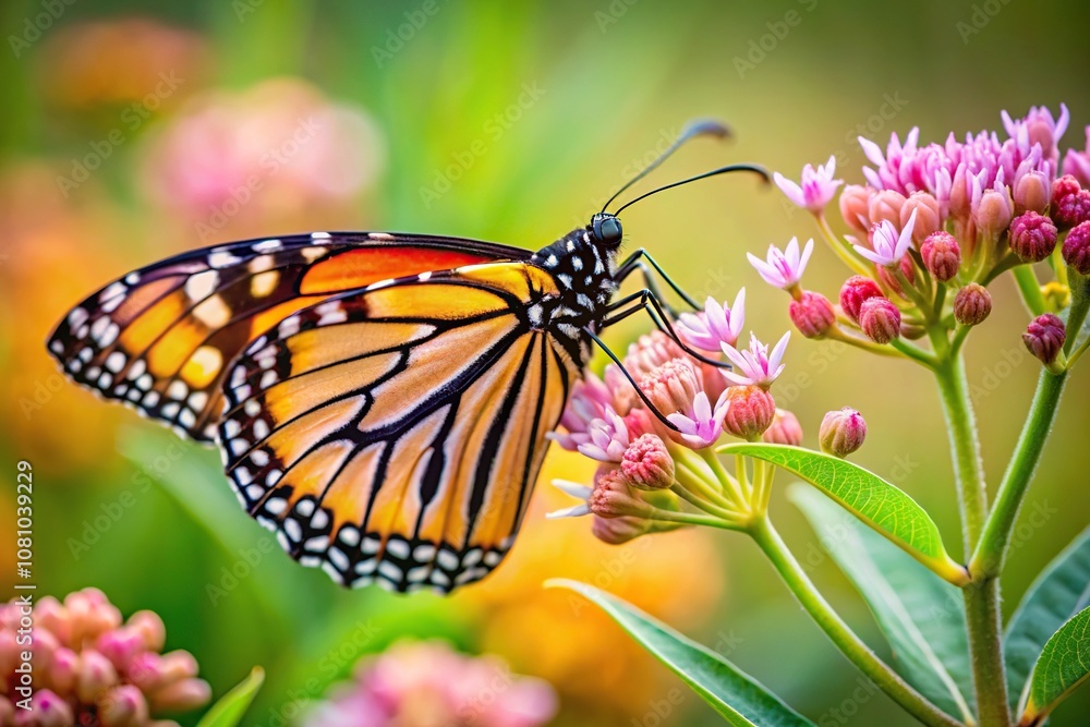 Closeup monarch butterfly delicate wing feeding milkweed plant Closeup monarch butterfly delicate wing feeding milkweed plant