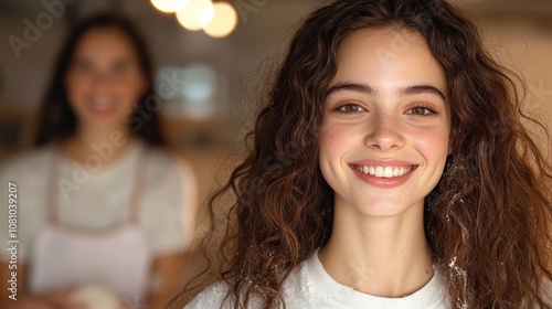 A woman with curly hair is smiling and looking at the camera