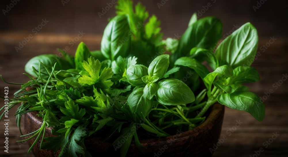 Fresh herbs in wooden bowl on rustic table Fresh herbs in wooden bowl on rustic table