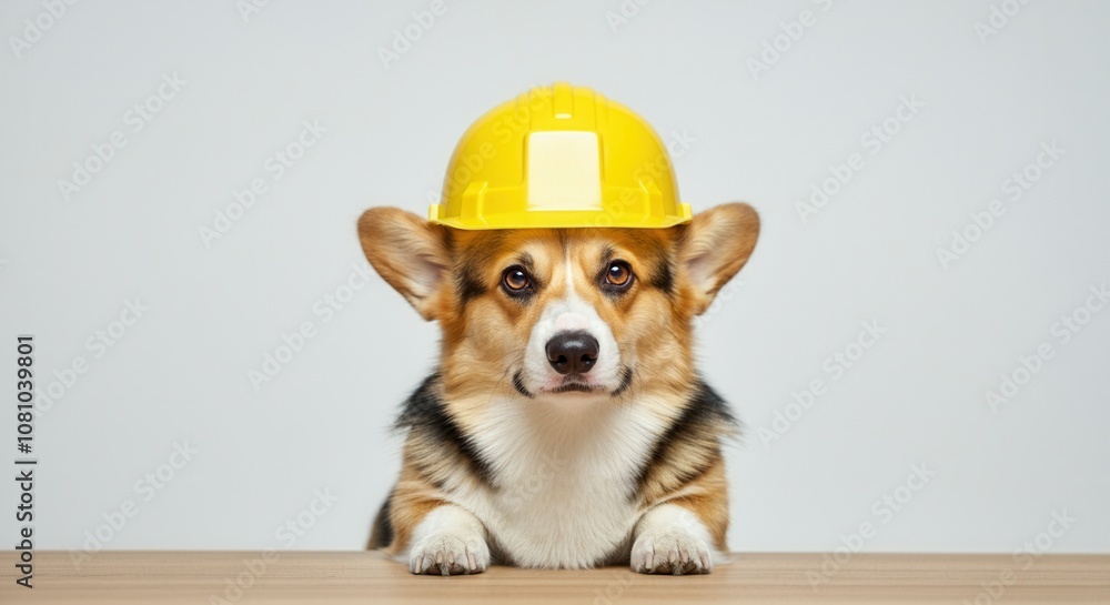 Cute corgi dog wearing safety helmet on white background