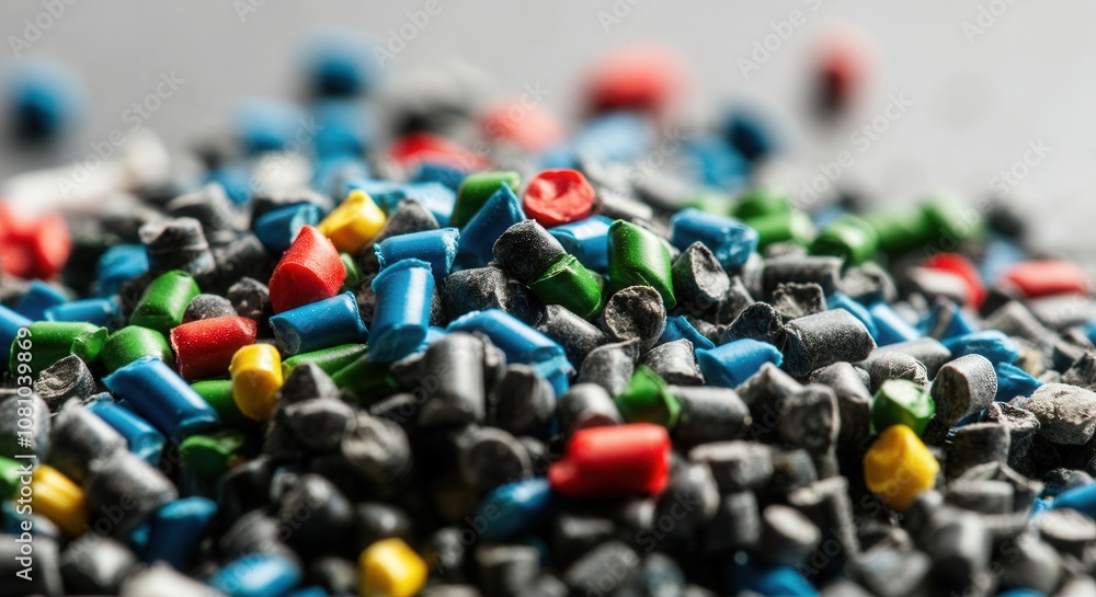 Close-up view of colorful plastic granules for recycling